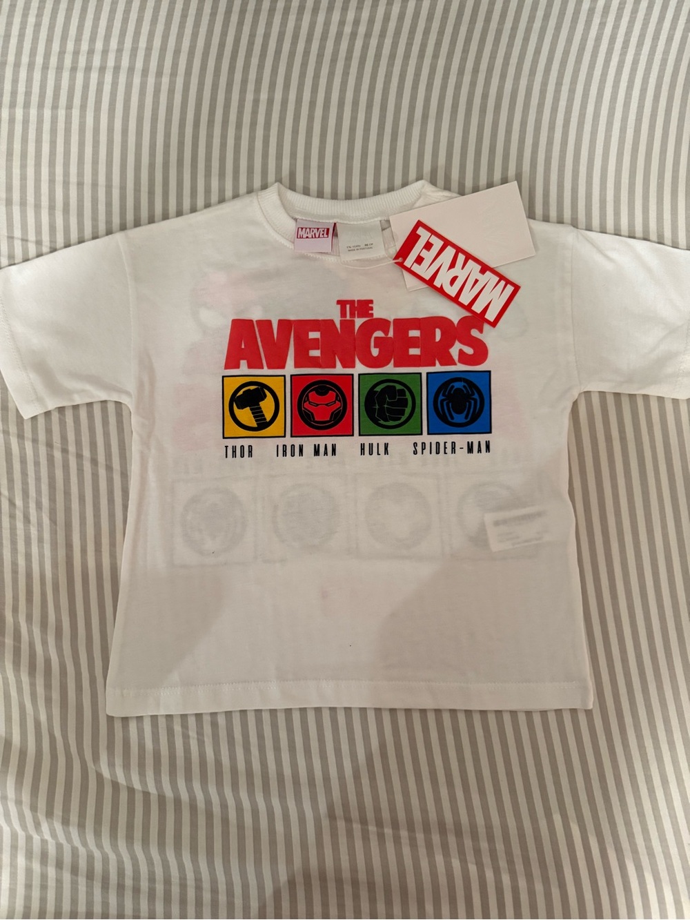 Zara Kids Marvel White Short Sleeve Avengers Graphic Tee with Multi-Color Icons